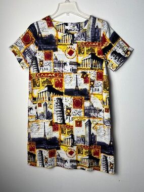 100% Cotton European Travel Postcard Print Short-sleeve shift dress size L